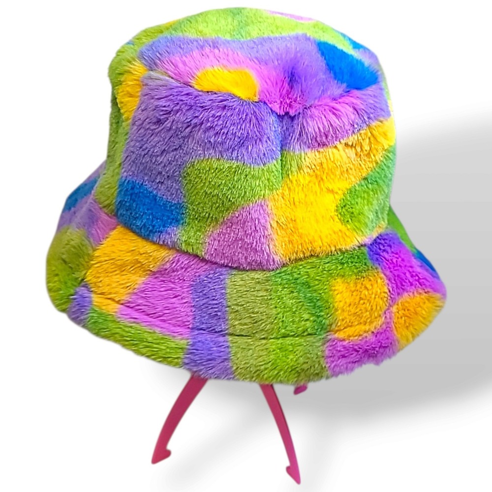 Colorful Faux Fur Patchwork Bucket Hat 90s Y2K Clueless Style Multicolor